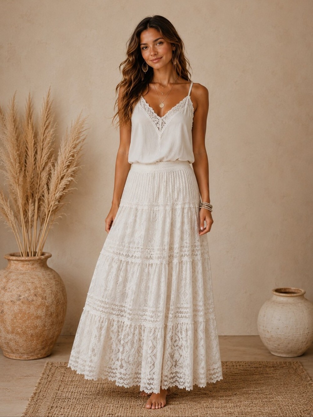 281.Studio West White Lace Tiered Maxi Skirt With Lining